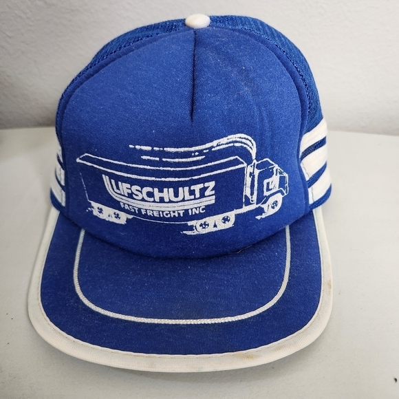 Vintage Lifschultz Freight Blue and White Three Stripe Snapback Trucker Hat - Picture 1 of 7